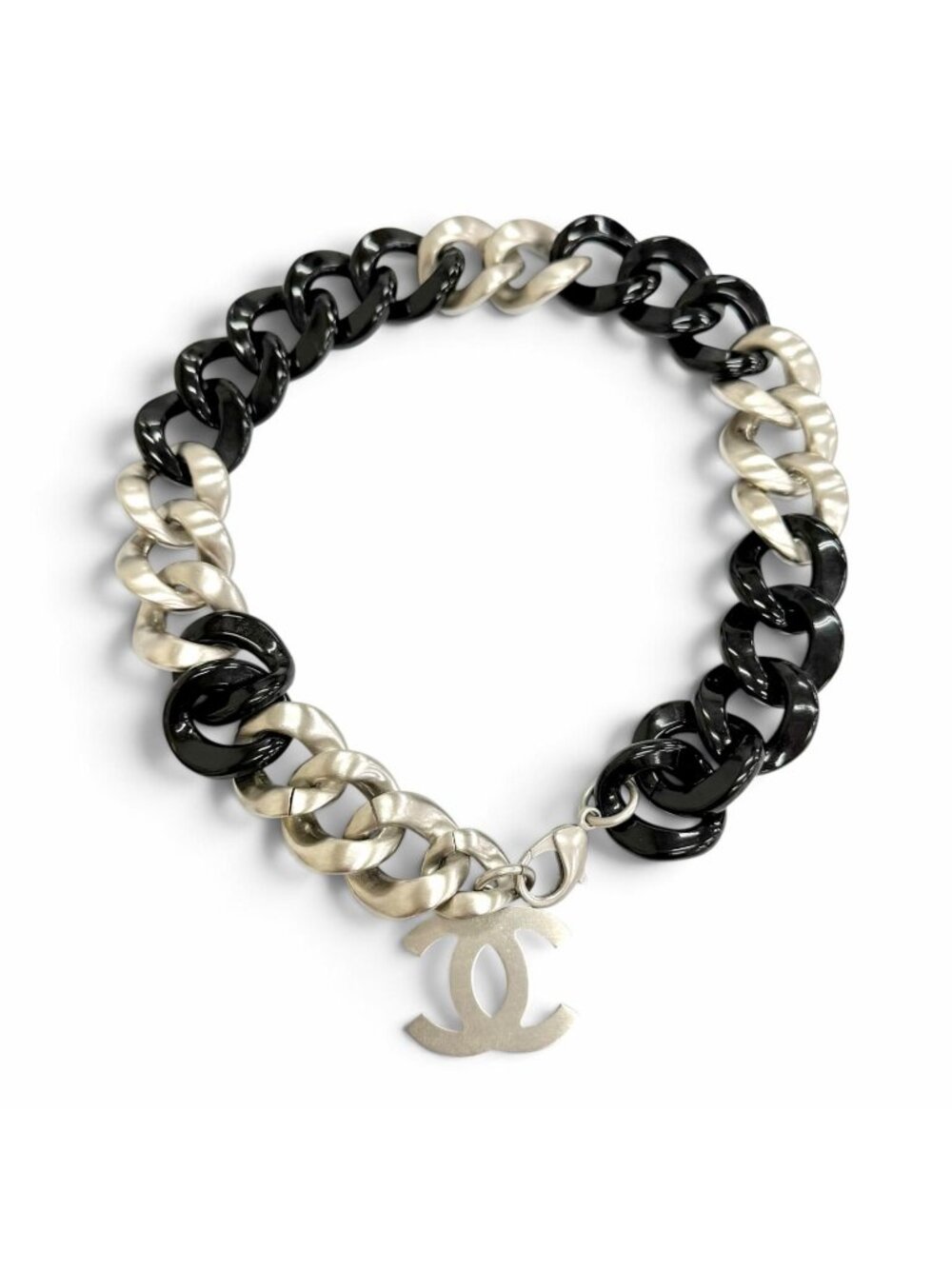 Chanel Vintage 07P CC Logo Chain Choker Necklace Black Silver